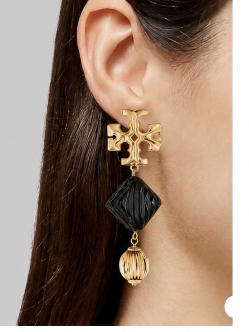 Tory Burch Gold and Black Roxanne Double Drop Clip-On Earrings